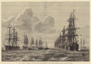 Naval Review em Spithead, o Royal Yacht, com o Xá a bordo, passando entre a Primeira e a Segunda Divisões